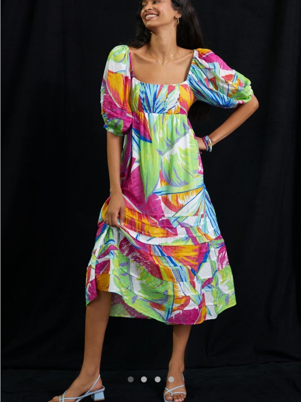 NEW FARM RIO WOMENS MULTI COLOR PALM LEAF PUFF SLEEVE MAXI LENGTH DRESS MEDIUM